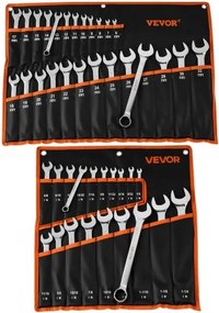 VEVOR 44-delige steeksleutelset (SAE & metrisch), combinatiesleutelset (12-punts) met oprolbare etui, combinatiesleutelset van koolstofstaal, voor algemene autoreparaties