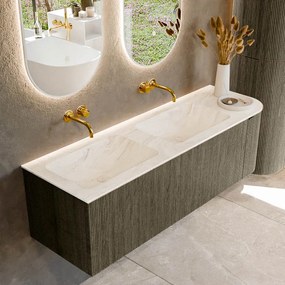 Mondiaz Kurve-dlux 145cm badmeubel ronding rechts shadow met 1 lade en deur en wastafel leaf dubbel/links zonder kraangat ostra
