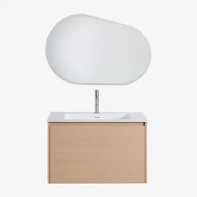 Badkamermeubelset In Hout Met Geïntegreerde Wastafel Jacob Natuurlijk Hout & Ovaal Led En Anticondens 100x65 Cm Meunier & Geborsteld Grijs - Sklum