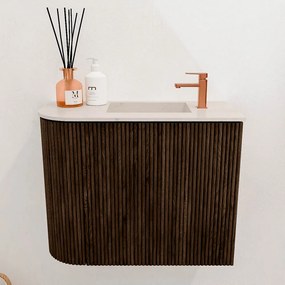 Mondiaz Joya DLux 50cm toiletmeubel ronding links walnut met wastafel faye rechts 1 kraangat meli