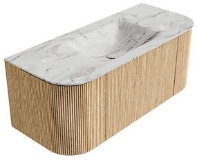 Mondiaz Kurve-dlux 110cm badmeubel ronding links/rechts oak met 1 lade en 2 deuren en wastafel cloud midden zonder kraangat glace