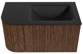 Mondiaz Kurve 85cm badmeubel ronding links walnut met 1 lade en deur en wastafel cloud rechts zonder kraangat urban
