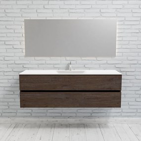 Zaro Valencia Solid Surface badmeubel 150cm donker eiken 1 kraangat spoelbak midden met 2 lades