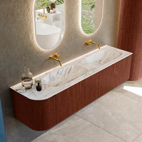 Mondiaz Kurve-dlux 175cm badmeubel ronding links ruby met 2 lades en 1 deur en wastafel stor small dubbel/rechts zonder kraangat glace