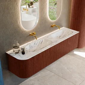 Mondiaz Kurve-dlux 175cm badmeubel ronding links ruby met 2 lades en 1 deur en wastafel stor small dubbel/rechts zonder kraangat glace