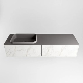 Mondiaz Erin 150cm badmeubel Carrara met 2 lades en donkergrijze wastafel links zonder kraangaten