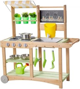 VEVOR Speelkeuken, Kinderkeuken, Speelgoedkeuken met Lepels, Spoelbak, Zonnescherm, Zwenkwielen, Kookgerei &amp; Accessoires, Houten Keuken, Ideaal voor Kinderen vanaf 3 jaar, 880x326x900 mm