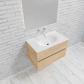 Zaro Sevilla Solid Surface badkamermeubel 80cm licht eiken zonder kraangat met 2 lades