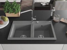 Mexen Hektor granieten gootsteen 2-kamer 800 x 480 mm, grijs, chrom sifon - 6521802000-71
