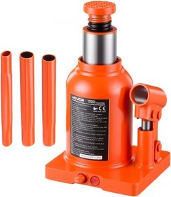 VEVOR hydraulische flessenkrik met een hefvermogen van 12 ton en een hefhoogte van 152–272 mm. Geschikt voor zware pick-ups, middelzware vrachtwagens, campers en voertuigreparaties, met een verbrede voet en een driedelige lange hendel.