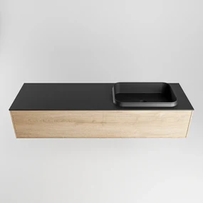 Mondiaz Erin 150cm badmeubel Washed Oak met 1 lade en zwarte wastafel rechts zonder kraangaten