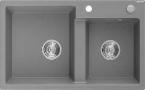 Mexen Tomas granieten dubbele spoelbak 800 x 500 mm, grijs, chromen sifon - 6516802000-71