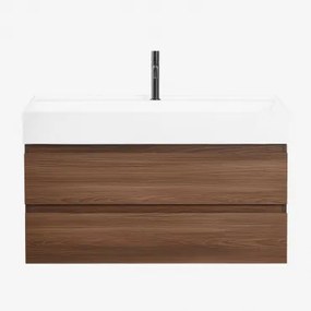 Ona Zwevend Badkamermeubelset Van Hout En Essenfineer Met Geïntegreerde Wastafel Donker Hout & Spiegelloze & Mat Zwart ↑20 Cm - Sklum