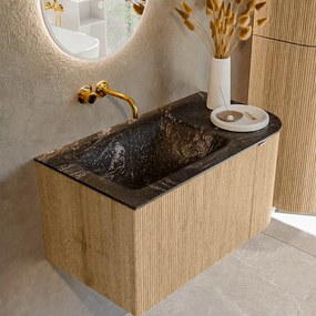 Mondiaz Kurve-dlux 85cm badmeubel ronding rechts oak met 1 lade en deur en wastafel cloud links zonder kraangat lava