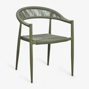 Stapelbare Set Van 4 Eetkamerstoelen Met Armleuningen Van Aluminium En Synthetisch Riet Amatria Groen – Intens Olijf - Sklum