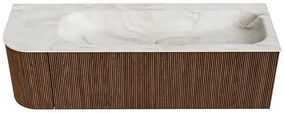 Mondiaz Kurve-dlux 145cm badmeubel ronding links walnut met 1 lade en deur en wastafel big large rechts zonder kraangat ostra