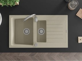 Mexen Matias granitische spoelbak 1,5-compartiment met afdruipruimte 900 x 505 mm, beige, sifon chroom - 6502901505-69