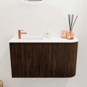 Mondiaz Joya 70cm toiletmeubel ronding rechts walnut met wastafel faye links 1 kraangat talc