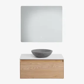 Tedrik Badkamermeubelset In Essenhout Ash Brown & Rond Grijs Cement Ø40 Cm Tarsis & Rechthoekige Led En Anticondens 80x70 Cm Gualar & Zonder Kraan -