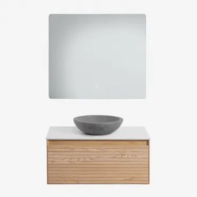 Tedrik Zwevend Badkamermeubelset 80x50 Cm In Essenhout Ash Brown & Rond Grijs Cement Ø40 Cm Tarsis & Rechthoekige Led En Anticondens 80x70 Cm Riben -