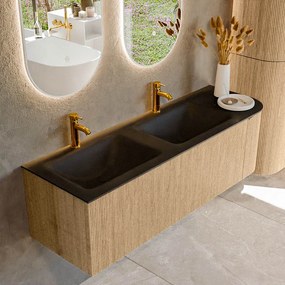 Mondiaz Kurve 145cm badmeubel ronding rechts oak met 1 lade en deur en wastafel cloud dubbel/links 2 kraangaten urban