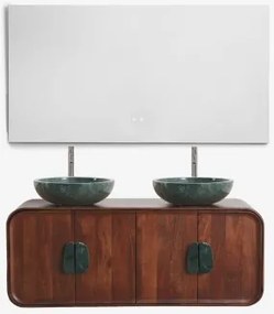 Dubbel Zwevend Badkamermeubelset 130x45 Cm Van Mangohout En Natuurlijke Kivalina-steen Groen Marmer Uit Udaipur - Donker Mangohout & 2 X Onde Groene -