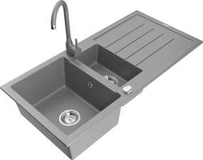 Mexen Andres granieten spoelbak, 1,5-komorige met afdruiprek en keukenkraan Telma, grijs - 6515-71-670200-71
