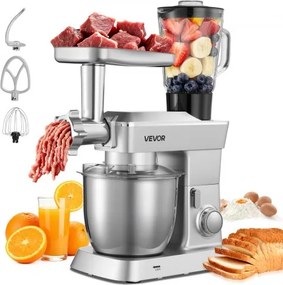 VEVOR Multifunctionele elektrische keukenmachine 1300 W met roestvrijstalen kom (4,3 L) en mengkom (1,5 L), deegmixer met 6+P snelheden, deeghaak, garde en klopper.