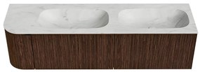 Mondiaz Kurve-dlux 165cm badmeubel ronding links walnut met 2 lades en 1 deur en wastafel stor small dubbel/rechts 2 kraangaten opalo