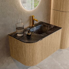 Mondiaz Kurve-dlux 75cm badmeubel ronding links oak met 1 lade en deur en wastafel grunne kraangat rechts lava