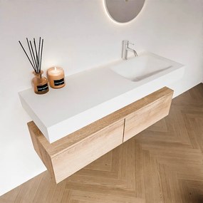 Zaro Alan badmeubel 130cm washed oak 2 lades met vrijhangende wastafel cloud rechts 1 kraangat talc