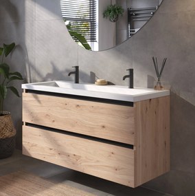 Saqu Gaia badmeubel incl. glans witte wastafel met 2 kraangaten 120x52x64cm naturel eiken – zwarte greeplijst