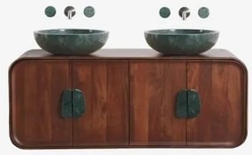 Dubbel Zwevend Badkamermeubelset 130x45 Cm Van Mangohout En Natuurlijke Kivalina-steen Groen Marmer Uit Udaipur - Donker Mangohout & 2 X Onde Groene -