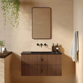 Muebles Marbella badmeubel ribbelfront 100cm walnoot met zwarte wastafel zonder kraangat