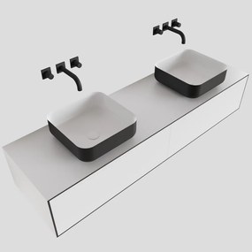 Zaro Lagom volledig naadloos solid surface onderkast met topblad 160cm mat zwart met 2 lades Push tot open. Compleet met solid surface opzetkom met 0 kraangat(en)