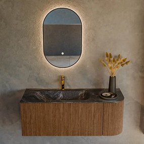Mondiaz Kurve-dlux 115cm badmeubel ronding rechts walnut met 1 lade en deur en wastafel big small kraangat links lava