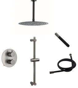 Saniclear Iron Pro inbouwregendouche 30cm rond met plafondarm en glijstang gunmetal rond
