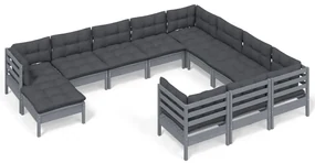 vidaXL 11-delige Loungeset met kussens grenenhout grijs