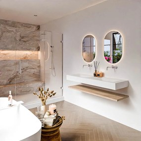 Zaro Alan badmeubel 140cm met planchet washed oak en vrijhangende wastafel cloud dubbel zonder kraangat talc