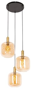 Smart hanglamp zwart met messing en amber glas 3-lichts incl. 3 Wifi G95 - Zuzanna