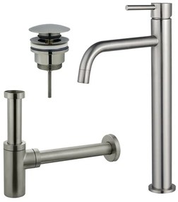 Fortifura Calvi Slim Wastafelkraanset - verhoogde wastafelkraan - klikwaste plug - design sifon - Geborsteld RVS PVD (RVS) SW377859/SW696201/SW696212