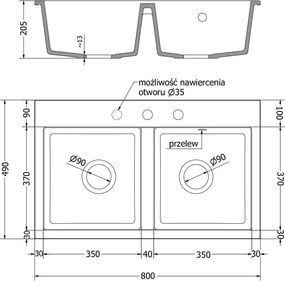 Mexen Hektor granieten gootsteen 2-kamer 800 x 480 mm, wit, chrom sifon - 6521802000-20