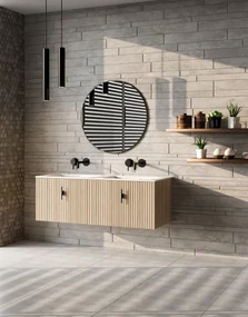 Muebles Raya badmeubel ribbelfront 120cm naturel eiken met witte wastafel zonder kraangat