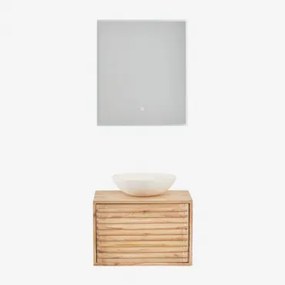 Deleyna Wandgemonteerde Houten Badkamermeubelset Natuurlijk Hout & Rond Cement Wit Ø40 Cm Zavion & Rechthoekige Led En Anticondens 60x70 Cm Tamsin -