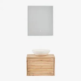 Hangend Badkamermeubelset 60x45 Cm In Hout Deleyna Natuurlijk Hout & Rond Cement Wit Ø40 Cm Zavion & Rechthoekige Led En Anticondens 60x70 Cm Riben -