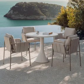 Set Van Ronde Tafel Ø90 Cm In Cement En Glasvezel Melody En 4 Tuinstoelen Met Armleuningen, Bekleed En Van Staal Zunika Moka Bruin - Sklum