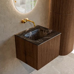 Mondiaz Kurve-dlux 50cm badmeubel walnut met 1 lade en wastafel grunne midden zonder kraangat lava
