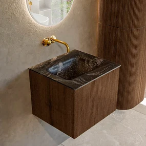 Mondiaz Kurve-dlux 50cm badmeubel walnut met 1 lade en wastafel grunne midden zonder kraangat lava