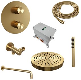 Brauer Stripe inbouw regendouche rond met 25cm hoofddouche, gebogen muurarm en staafhanddouche set 38 messing geborsteld PVD