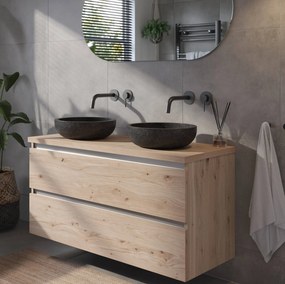 Saqu Gaia voorgemonteerd badmeubel met aluminium greeplijst incl. natuurstenen waskommen 120cm naturel eiken